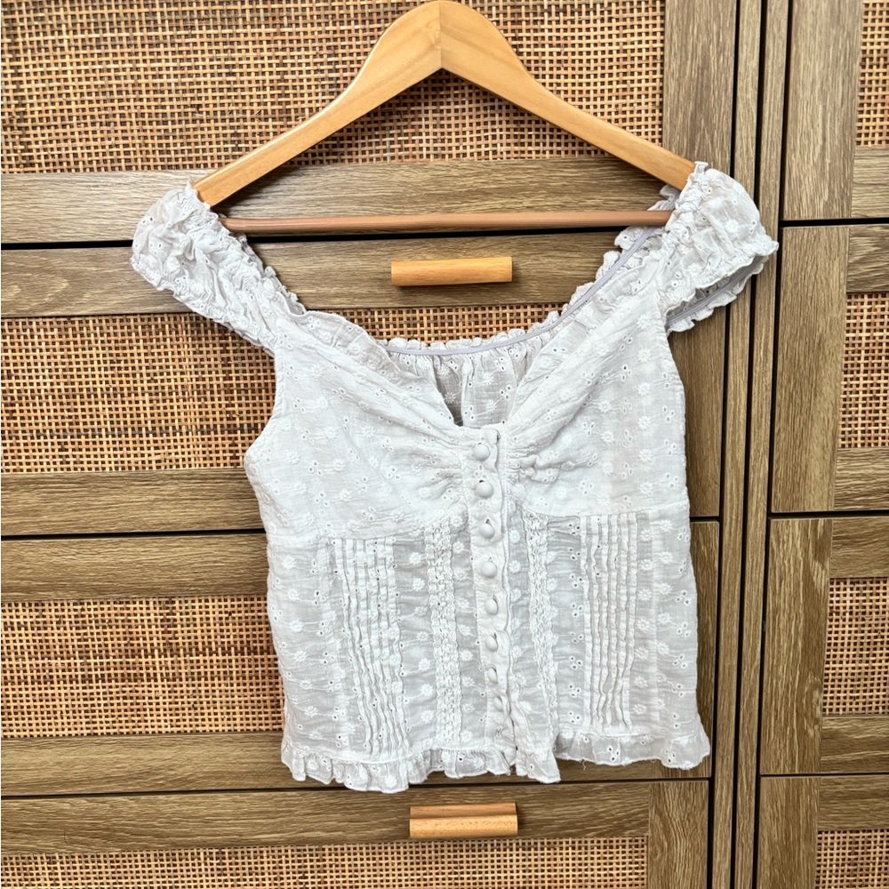 Amazon White Eyelet Off-Shoulder Ruffle Button-Front Camisole